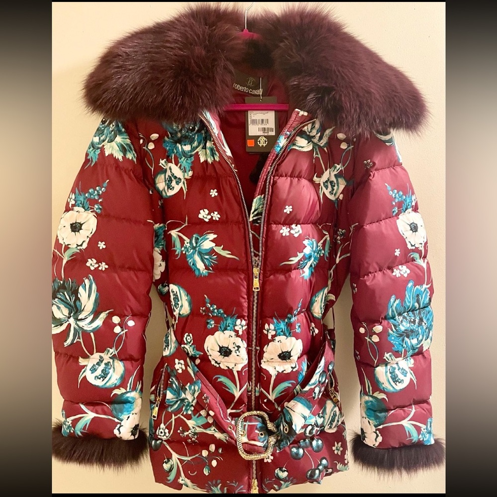 NWT Authentic Roberto Cavalli Puffer coat with Geniune Fox Fur Size US 12/IT 46